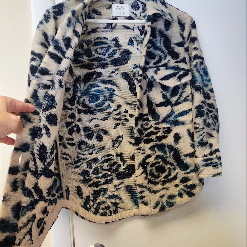 Zara Wool Blend Blue And Cream Structured Floral Overshirt Shacket Size 11 / 12